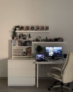 a white desk with a computer on top of it