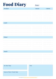 a food diary is shown in blue and white