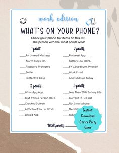 a poster with the words, what's on your phone? and other things to do