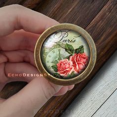 a hand holding a compact mirror with roses on it and the word paris written in cursive writing