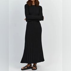 Nwt Long Black Ribbed Sweater Dress With Flared Cuffs And Hem Long Sleeve Dresses With Ribbed Cuffs, Ribbed Sweater Dress, Black Rib, Ribbed Sweater, Long Black, Formal Wear, Sweater Dress, Cuff, Maxi Dress