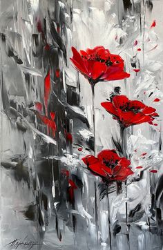 an abstract painting of red flowers in black and white colors on a gray background,