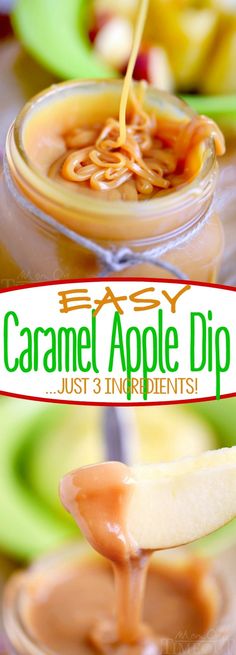 caramel apple dip is being drizzled with caramel