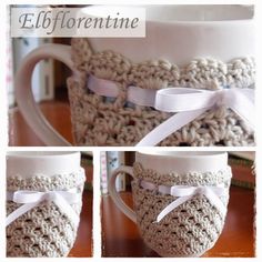 crocheted coffee mug cozys with white ribbon and bow on the handle for decoration