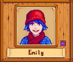 an image of a person wearing a red hat and scarf, with the name emly on it