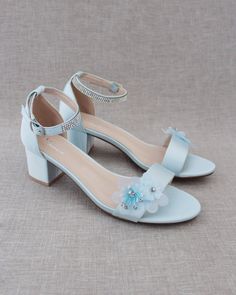 Light Blue Satin Women Sandals with Flowers Heels Light Blue, Shoes For Brides, Bridesmaids Shoes, Flower Heels, Women's Slip Ons, Girls Heels, Bridesmaid Shoes, Women Flats, Block Heel Sandals