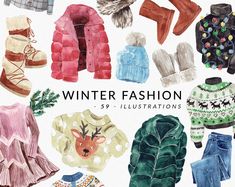 watercolor winter fashion illustrations in various styles and colors