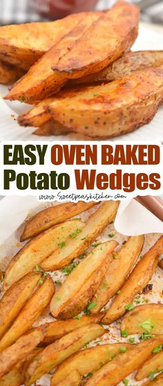 baked oven baked potato wedges with parsley on top and the words easy oven baked potato wedges