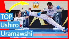 a man and woman doing karate moves in front of a sign that says top ushio uramawashi