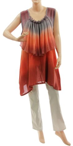 This feminine tunic is sewn from a crinkle cotton fabric, it has a flared shape and a round neck. Elaborately work - great crinkle cotton dyed by hand. The eye-catcher are here the beautifully falling large ruffle, made from very fine cotton gauze. Gauze Fabric, Sleeveless Tunic, Womens Clothing Tops, Business Casual