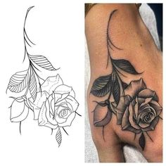 a rose tattoo on the left hand and an image of a rose tattooed on the right hand