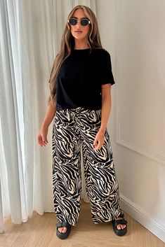 Shannon Black Zebra Print Flared Trousers Flared Trousers, White Zebra, Printed Trousers, Flare Trousers, Zebra Print