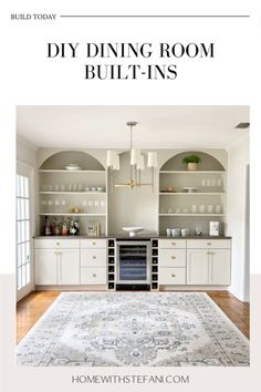 a living room with white cabinets and an area rug on the floor that says diy dining room built - ins