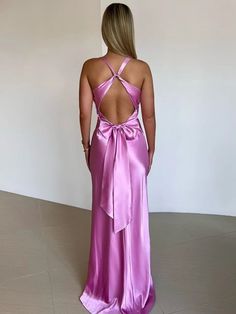 Satin V-neck Back Strappy Bow Maxi Dress – Golden Atelier Pink Satin Halter Neck Maxi Dress, Prom Maxi Dress With Tie Back And V-neck, Pink Satin Backless Maxi Dress, Party V-neck Maxi Dress With Tie Back, Satin V-neck Maxi Dress With Tie Back, Pink Tie-back Maxi Dress For Prom, Summer V-neck Homecoming Maxi Dress, Elegant Pink Maxi Dress For Homecoming, Purple Satin V-neck Maxi Dress