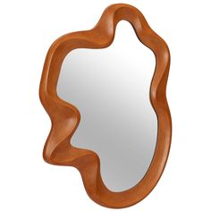 a mirror that is made out of wood and has wavy shapes on the sides, along with