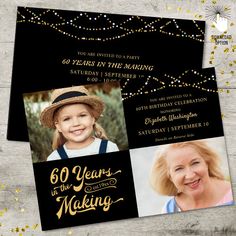 a black and gold 60th birthday party card with two photos on the front, one is for