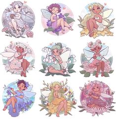 the twelve fairy princesses are depicted in this cartoon character art work, which includes six different