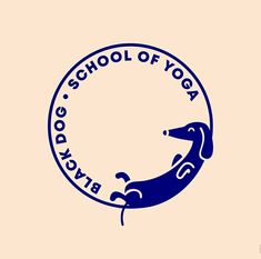 a blue and white logo with the words school of yoga on it's side