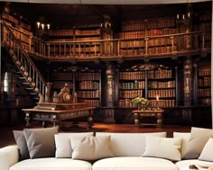 a living room with bookshelves and couches in front of the wall mural