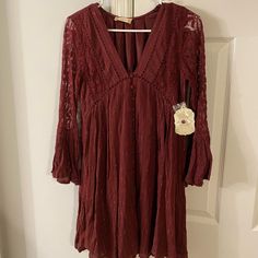 Brand New! Burgundy Long Sleeve Dress For Spring, Burgundy Long Sleeve Dress For Summer, Flowy Burgundy Dress For Spring, Casual Burgundy Dress For Date Night, Spring Burgundy Dress For Brunch, Burgundy Dress For Spring Brunch, Spring Burgundy Flowy Dress, Casual Burgundy Mini Dress For Spring, Bohemian Long Sleeve Burgundy Dress