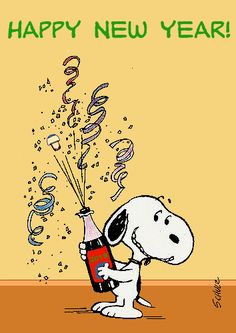 a cartoon dog holding a bottle with confetti in it's mouth and the caption happy new year