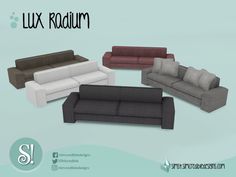 four different colored couches sitting next to each other on a light blue background with the words lux ridum above them