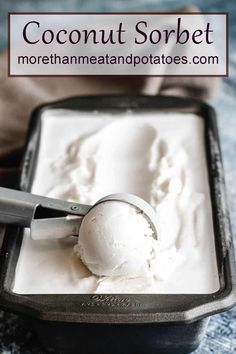 a scoop of coconut sorbet in a pan