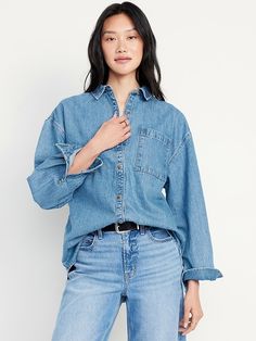 Boyfriend Button-Down Jean Tunic | Old Navy Denim On Denim Looks, Cold Fashion, Navy Boyfriend, Long Tunic Tops, Shirt Tunic Top, Women's Button Down Shirt, Old Navy Women, Tunic Shirt, Beautiful Blouses