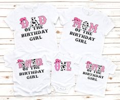 three baby onesuits with the words'mom of the birthday girl'printed on them