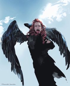 a woman with long red hair and black wings on her head, standing in front of a cloudy sky