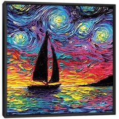 a painting of a sailboat in the ocean at night