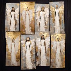 six paintings of white angel with gold accents