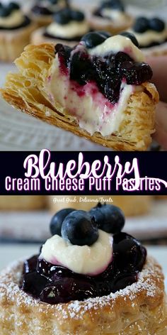 blueberry cream cheese puff pastries with powdered sugar and fresh blueberries on top