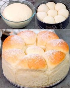 four images show how to make bread rolls in the oven and then put them into a bundt cake tin