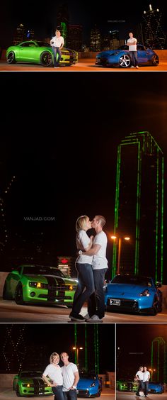 two people are kissing in front of some cars at night and one person is standing next to the car