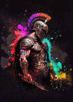 a digital painting of a roman soldier with paint splatters on his body and helmet