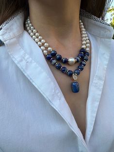 Lapis Lazuli Pearl Necklace – Baryadesign Pearl Earrings Designs, Handmade Statement Necklace, Lapis Lazuli Crystal, Lapis Lazuli Necklace, Short Necklace, Handmade Necklace, Designer Earrings, Lapis Lazuli, Handmade Necklaces