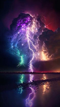 a very colorful cloud with lightning coming out of it's center and reflecting in the water