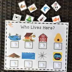 a white board with pictures and words on it that says who lives here? in the center