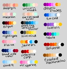 the names and colors of different types of paint in each color scheme, including red, yellow, green, blue, purple, black, white