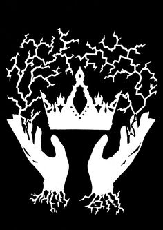 two hands holding a crown in front of a black background with white lightnings on it