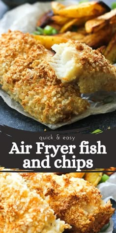 air fryer fish and chips with text overlay