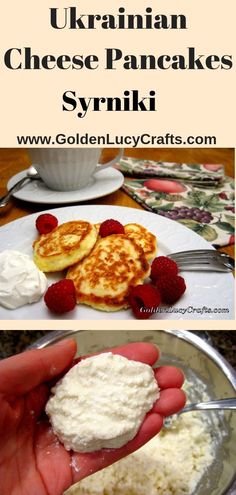 a person is eating pancakes with cream and raspberries on the plate next to them