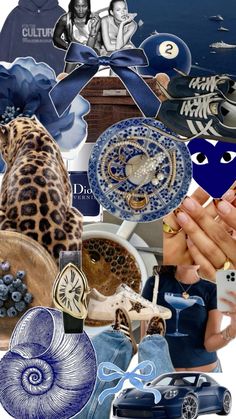 a collage with blue and white items including a cat, car, woman's face