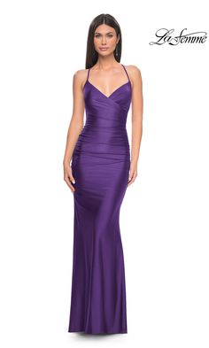 Embrace contemporary elegance in this sleek long prom dress 31618 from La Femme. Effortlessly sexy, this long designer dress is a faux-wrap style from the v-neckline to the hip, while thin shoulder straps create an eye-catching statement as they criss cross the open back. So chic for prom, galas, and other black-tie events, this long formal dress smooths over the hips before flowing into a sweep train that is pure sophistication. The epitome of modern glamour, this strappy open-back long prom dr Royal Purple Prom Dress, Long Jersey Dress, Jersey Prom Dress, Sweetheart Neckline Dress, Prom Designs, Designer Prom Dresses, Black Prom, Prom Girl, Dress Silhouette