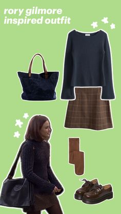 Rory Gilmore style, Rory Gilmore outfit, Rory Gilmore aesthetic, cute fall outfit, fall outfit inspo, fall outfit with brown accents, cute fall school outfit, back to school outfit, warm and cozy outfit, Gilmore girls style, Gilmore girls aesthetic, easy outfit, casual outfit inspo, uni outfit, university outfit, high school outfit, day out in the town outfit. 🤍 to get this look: blue sweater, brown plaid skirt, brown stockings/leggings, brown shoes, big dark blue shoulder bag. Warm Day Fall Outfits, Brown Plaid Skirt Outfit, Fall Outfit Inspired, Plaid Skirt Brown, Gilmore Girls Style, Brown Plaid Skirt, Blue Sweater Outfit, Blue Skirt Outfits