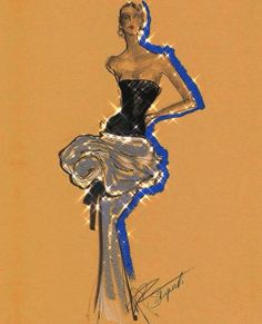 a drawing of a woman in a black and blue dress