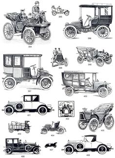 an old fashioned car is shown in black and white, with many different types of cars