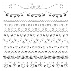 a set of hand drawn hearts and ribbons with the word love written on them in black ink