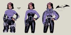 three different views of a woman in wetsuits with bat wings on her head